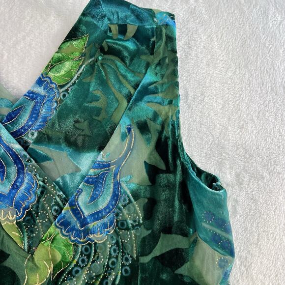 Vintage 2000s Women's S Velvet Burnout Top Teal Gold V-Neck Sleeveless Blouse - Picture 4 of 9